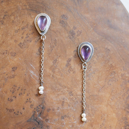 Amethyst Pearl Earrings - Soft Amethyst Drop Earrings - Sterling Silver - Boho Amethyst Jewelry