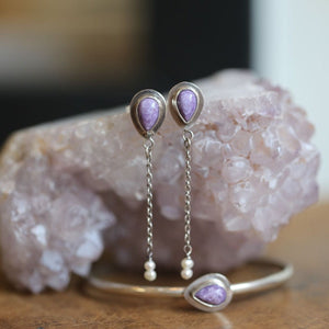 Purple Charoite & Pearl Earrings - Purple Posts with Chains Earrings