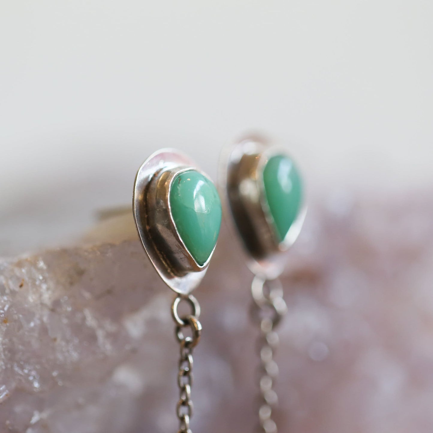 Chrysoprase Posts Pearl Dangles - Chain Drops with pearls - .925 Sterling Silver - Silversmith