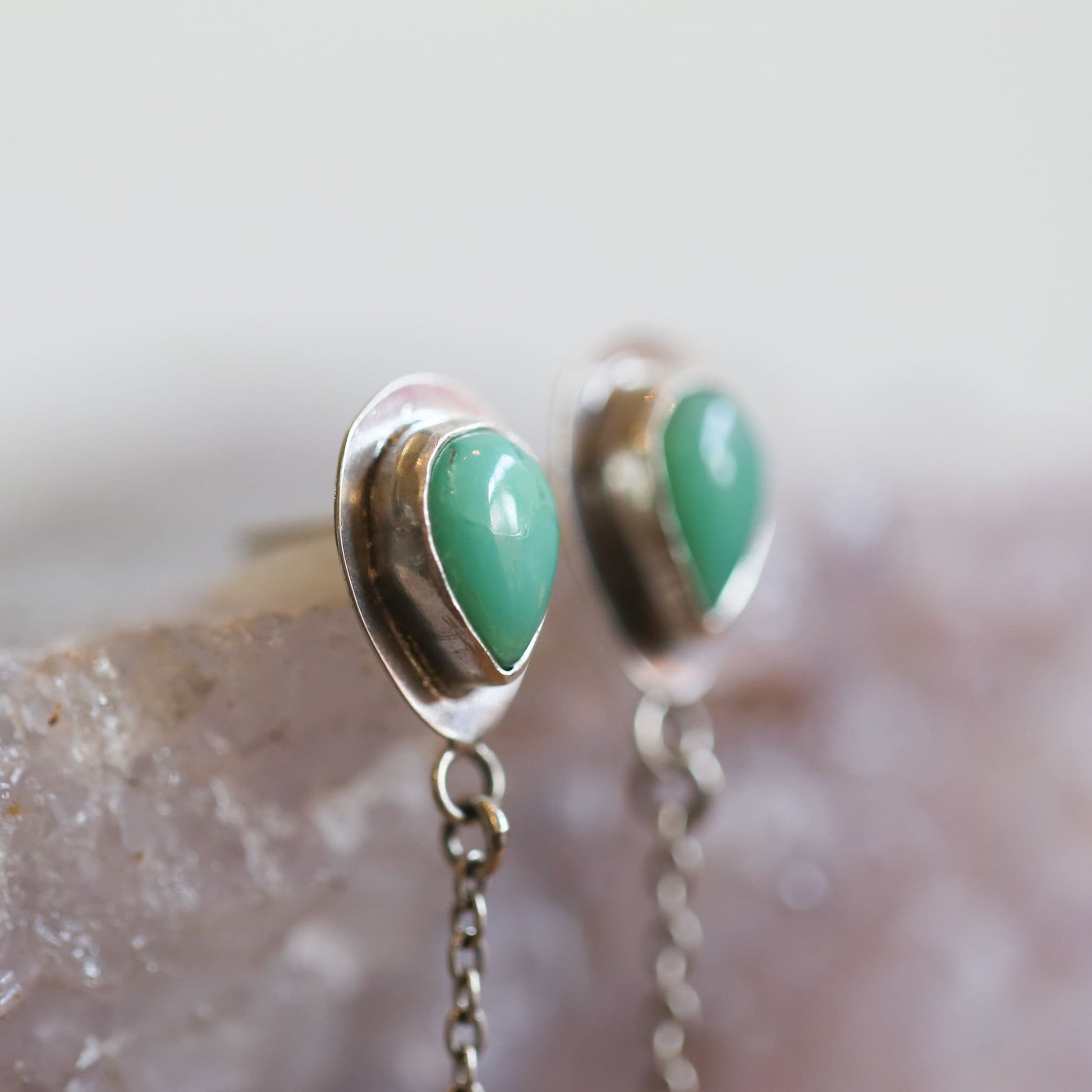 Chrysoprase Posts Pearl Dangles - Chain Drops with pearls - .925 Sterling Silver - Silversmith