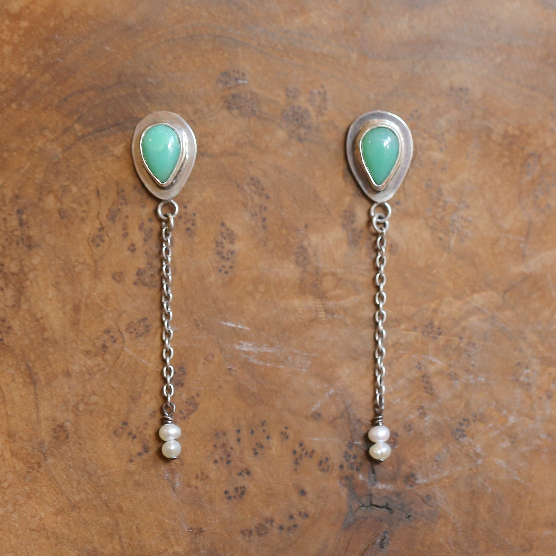 Chrysoprase Posts Pearl Dangles - Chain Drops with pearls - .925 Sterling Silver - Silversmith