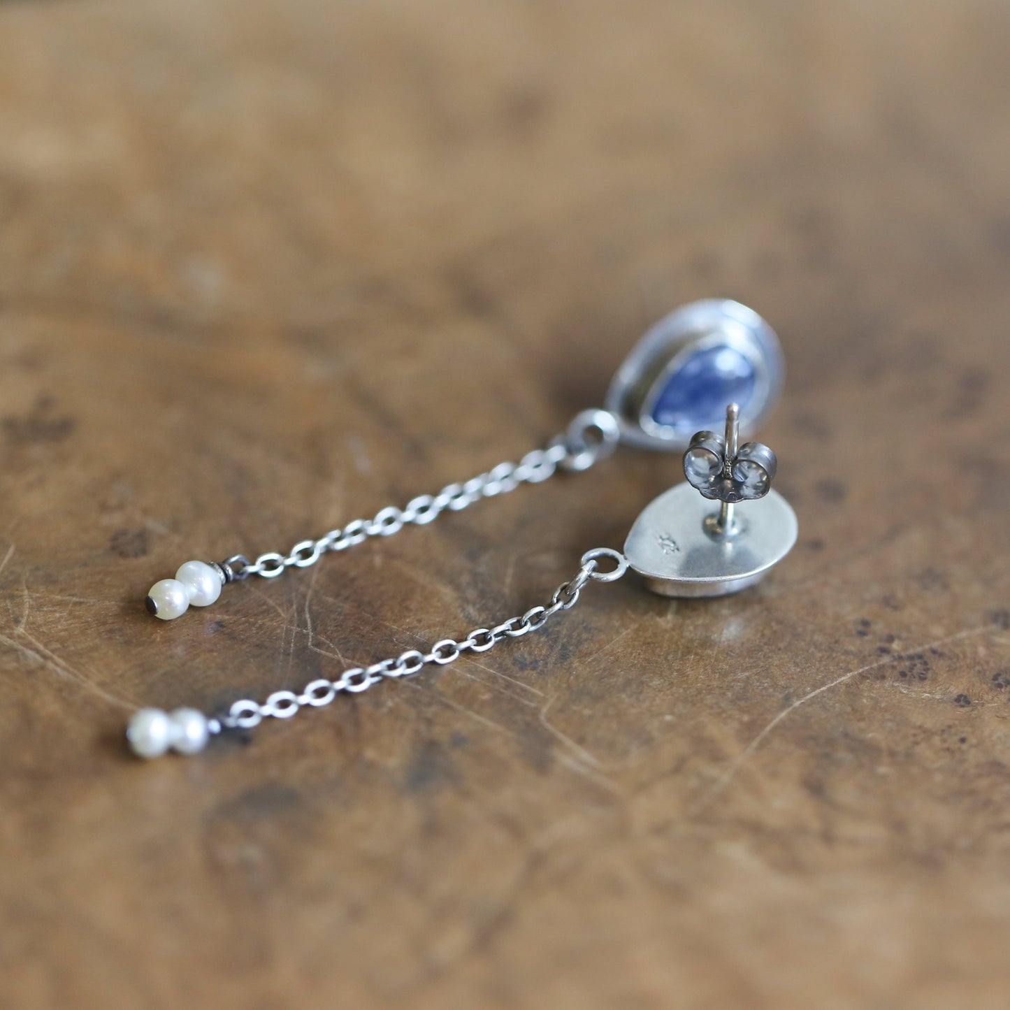Kyanite Pearl Earrings - Boho Blue Kyanite Earrings - Silversmith - Sterling Silver