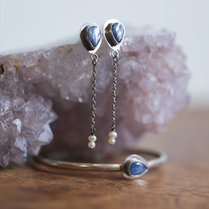 Kyanite Pearl Earrings - Boho Blue Kyanite Earrings - Silversmith - Sterling Silver