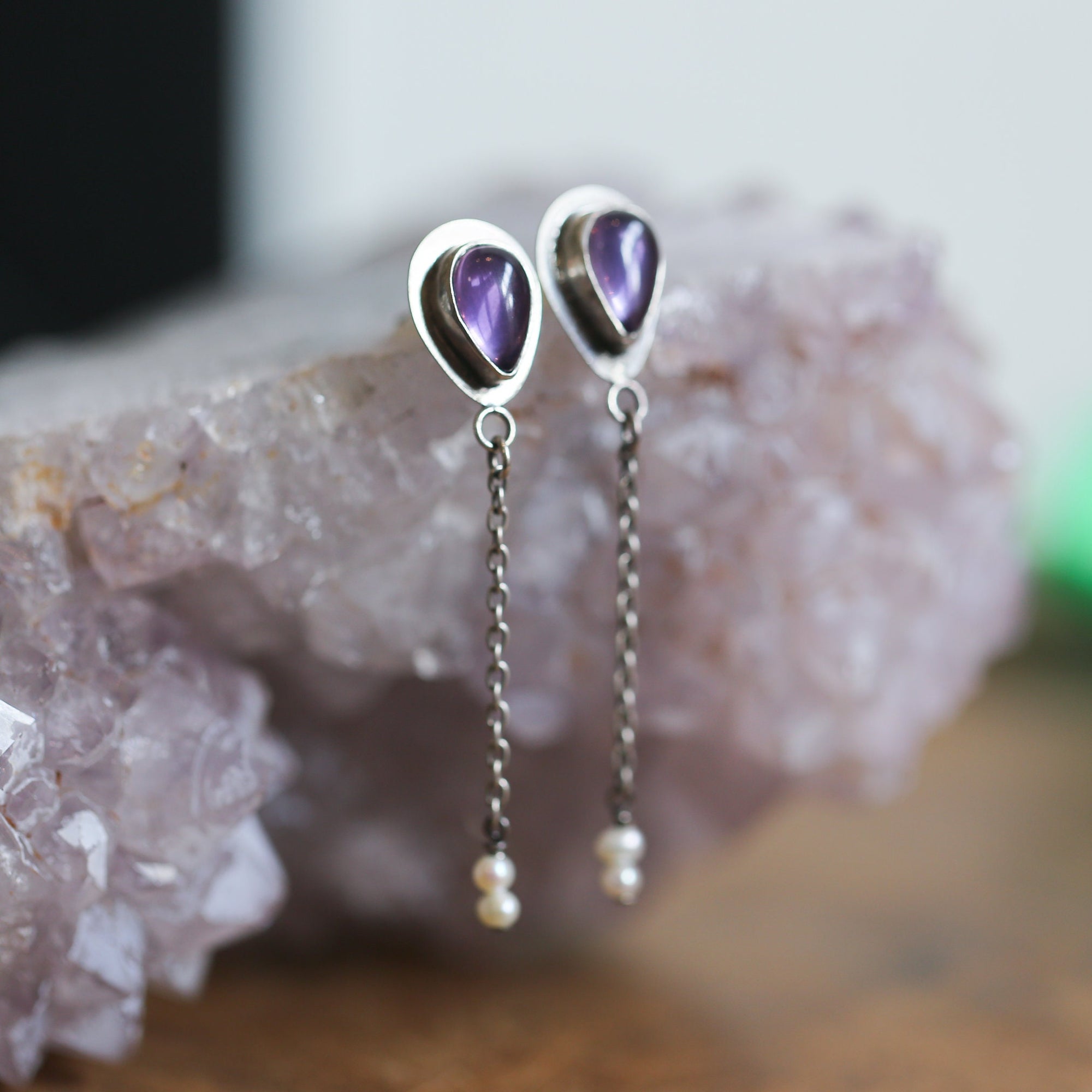 Amethyst Pearl Earrings - Soft Amethyst Drop Earrings - Sterling Silver - Boho Amethyst Jewelry