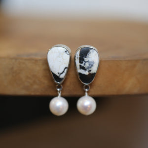 Ready to Ship - White Buffalo Post Earrings - White Buffalo Pearl Drops - Black and White Earrings