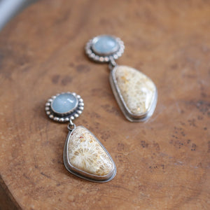 Fossilized Coral Aquamarine Earrings - Aquamarine Drop Earrings - Silversmith Fossil Earrings - OOAK