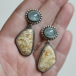 Fossilized Coral Aquamarine Earrings - Aquamarine Drop Earrings - Silversmith Fossil Earrings - OOAK