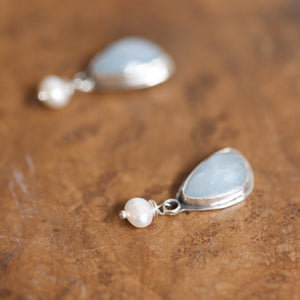 Aquamarine Posts - Faceted Aquamarine Earrings - Freshwater Pearls - .925 Sterling Silver