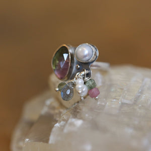 Tourmaline Ring - Fringe Ring - Freshwater Pearl Ring - Sterling Silver - Gold Filled