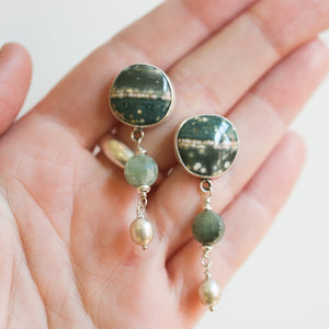 Ocean Jasper Posts with Jade and Peals - Silversmith Post Earrings - Sterling Silver Studs