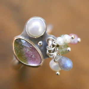 Tourmaline Ring - Fringe Ring - Freshwater Pearl Ring - Sterling Silver - Gold Filled