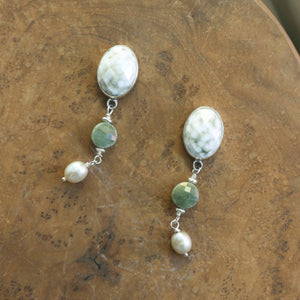 Ready to Ship - Ocean Jasper Posts with Jade and Peals - Silversmith Post Earrings - Sterling Silver Studs