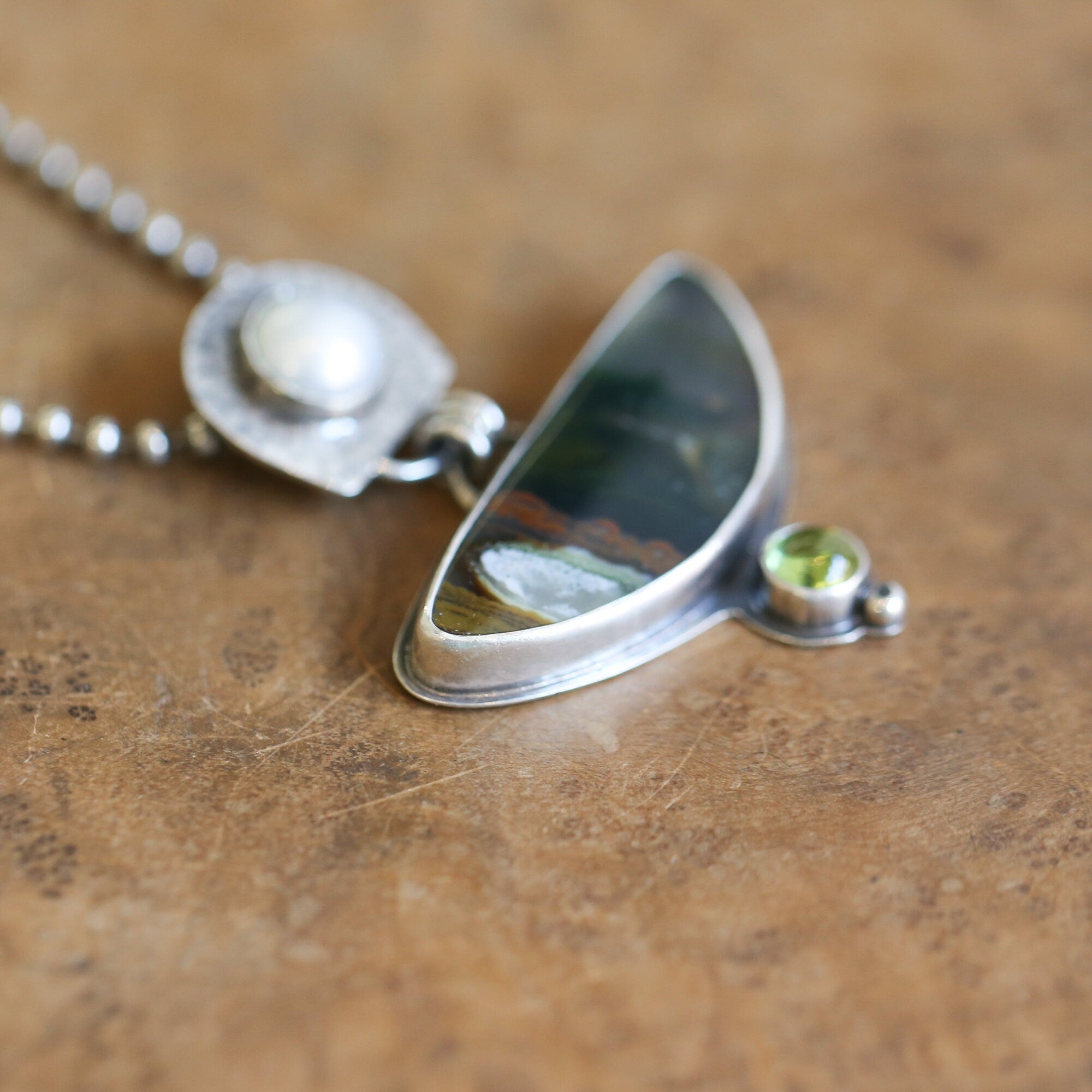 Ready to Ship - Scenic Plume Agate Pendant- Pearl Pendant - Sterling Silver - Peridot Pendant
