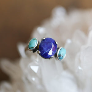 Tri-Stone Ring - Blue Lapis Ring - Turquoise Ring - Turquoise and Lapis Stacker Ring