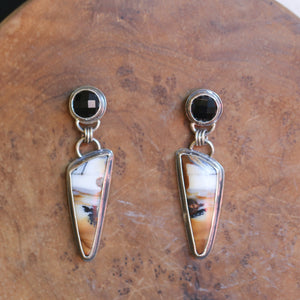 Dendtrite & Black Agate Post Drops - .925 Sterling Silver - Two Stone Earrings - Ready to Ship - OOAK