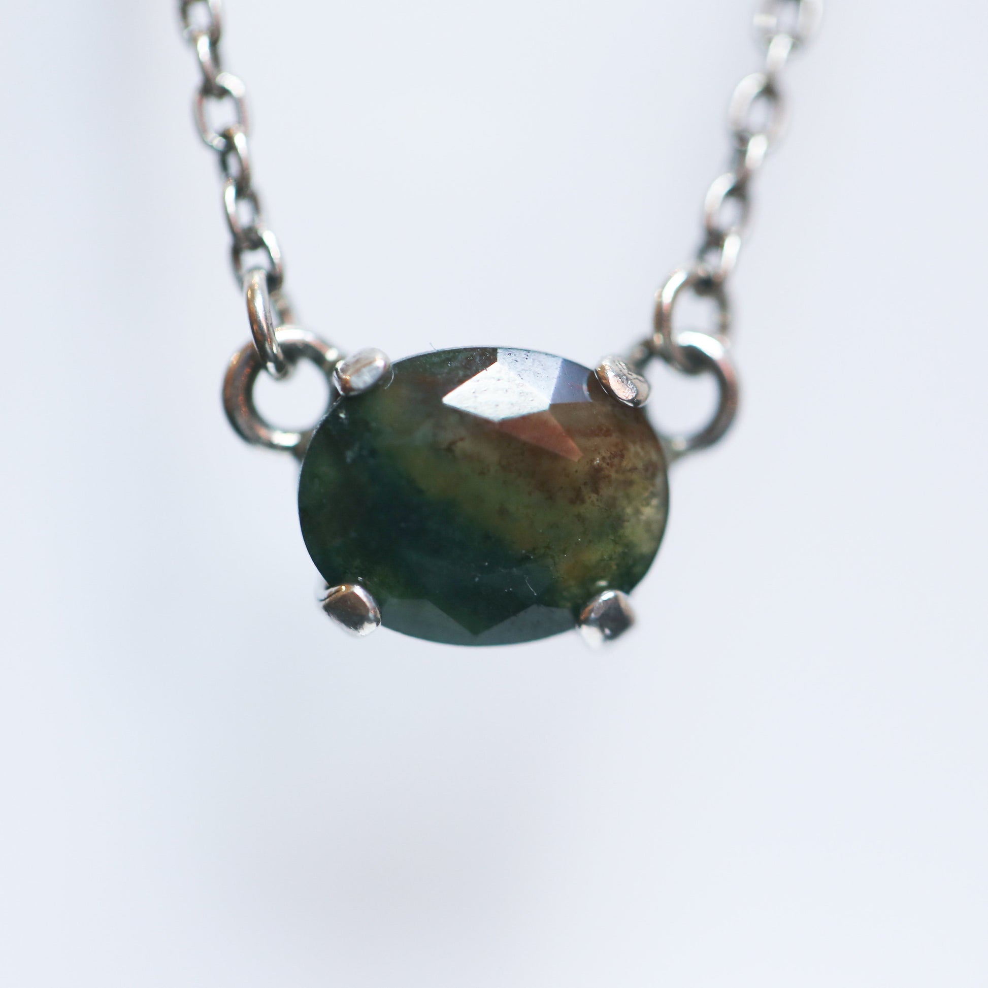 Rose Cut Moss Agate Pendant - .925 Sterling Silver - Moss Agate Prong Necklace