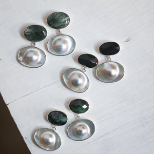 Elegant Black Rainbow Obsidian and Blister Pearl Earrings - Silversmith Post Earrings