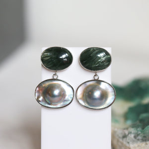Seraphinite and Blister Pearl Earrings - Pearl Drop Earrings - Silversmith - OOAK