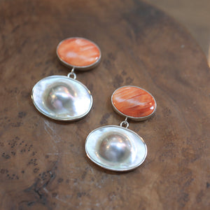 Spiny Oyster and Blister Pearl Earrings - Spiny Oyster Shell Earrings - Orange Red Drop Earrings