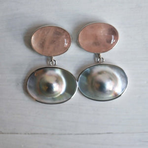 Morganite and Blister Pearl Earrings - Pearl Drop Earrings - Silversmith - OOAK