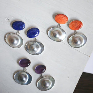 Blue Lapis Lazuli and Blister Pearl Earrings - Pearl Drop Earrings - Silversmith - OOAK