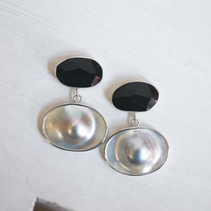 Elegant Black Rainbow Obsidian and Blister Pearl Earrings - Silversmith Post Earrings
