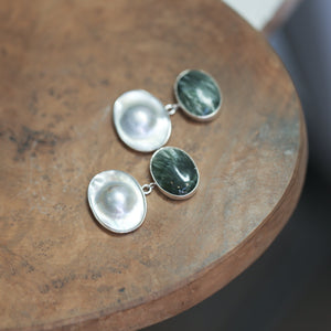 Seraphinite and Blister Pearl Earrings - Pearl Drop Earrings - Silversmith - OOAK