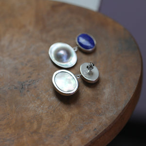 Blue Lapis Lazuli and Blister Pearl Earrings - Pearl Drop Earrings - Silversmith - OOAK