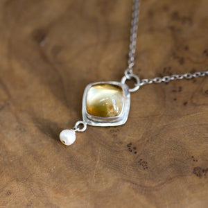 Citrine Necklace - .925 Sterling Silver - Citrine Pendant - Freshwater Pearl - Sterling Silver