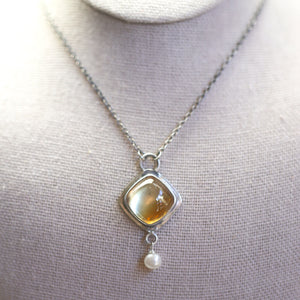 Citrine Necklace - .925 Sterling Silver - Citrine Pendant - Freshwater Pearl - Sterling Silver