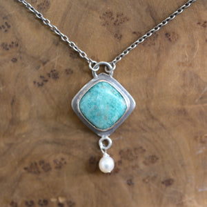 Amazonite Dyna Necklace - Amazonite Pendant Freshwater Pearl Drop - Sterling Silver