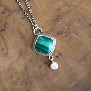 Malachite Freshwater Pearl Necklace - Green Malachite Pendant - .925 Sterling Silver - Malachite Charm