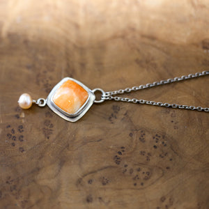 Spiny Oyster Dyna Necklace - Freshwater Pearl Drop - Orange Shell Pendant - .925 Sterling Silver