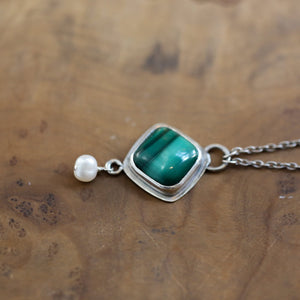Malachite Freshwater Pearl Necklace - Green Malachite Pendant - .925 Sterling Silver - Malachite Charm